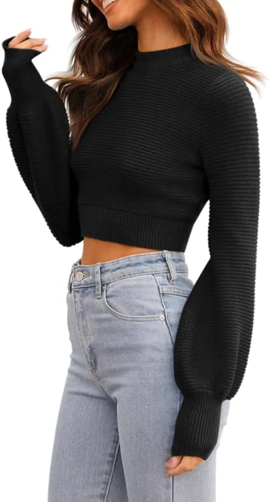 GeGekoko Womens Sexy Crew Neck Cropped Sweaters Ribbed Knit Long Sleeve Crop Tops Pullover