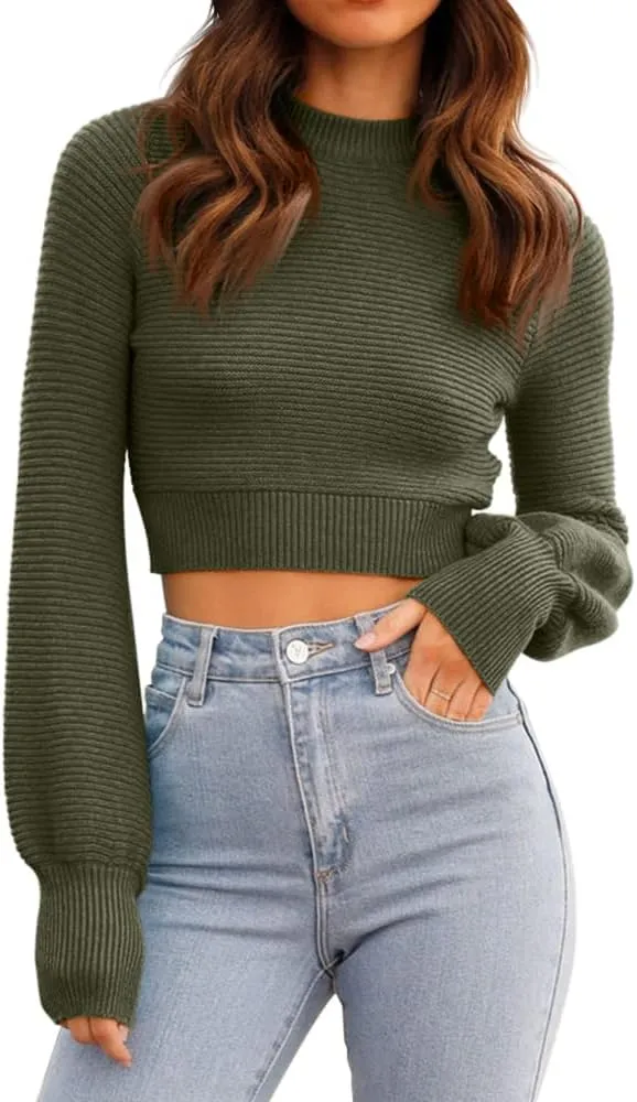 GeGekoko Womens Sexy Crew Neck Cropped Sweaters Ribbed Knit Long Sleeve Crop Tops Pullover