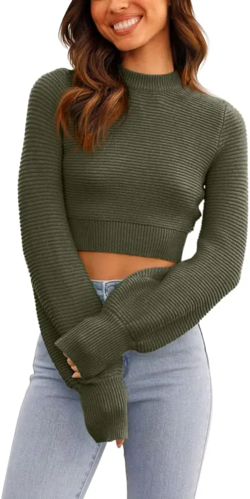 GeGekoko Womens Sexy Crew Neck Cropped Sweaters Ribbed Knit Long Sleeve Crop Tops Pullover