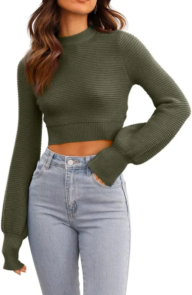 GeGekoko Womens Sexy Crew Neck Cropped Sweaters Ribbed Knit Long Sleeve Crop Tops Pullover