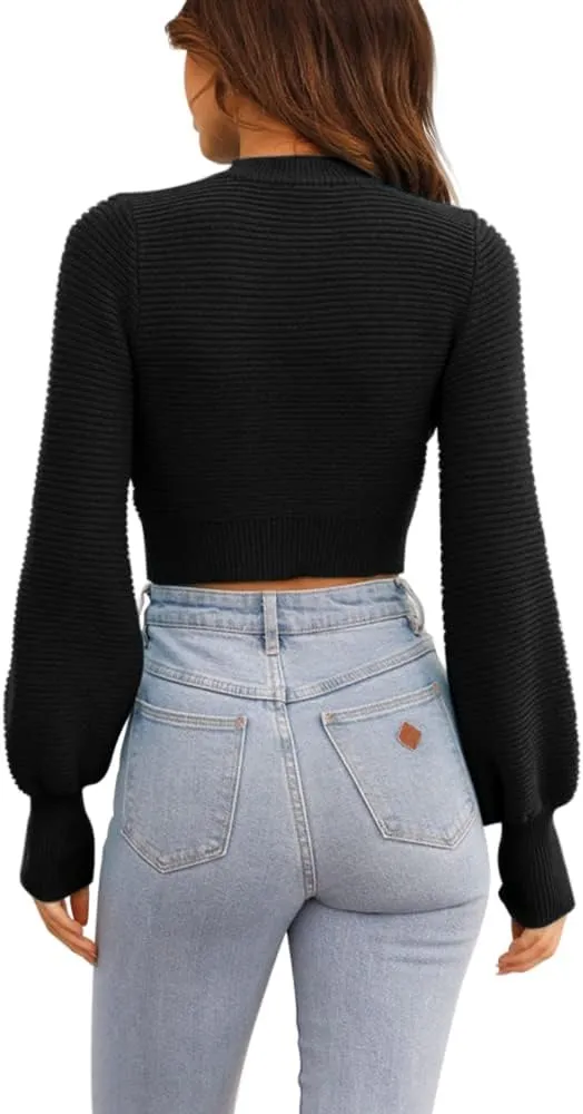 GeGekoko Womens Sexy Crew Neck Cropped Sweaters Ribbed Knit Long Sleeve Crop Tops Pullover