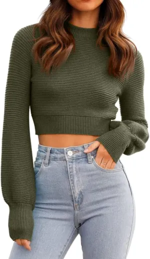 GeGekoko Womens Sexy Crew Neck Cropped Sweaters Ribbed Knit Long Sleeve Crop Tops Pullover