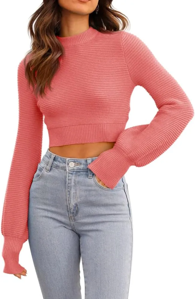 GeGekoko Womens Sexy Crew Neck Cropped Sweaters Ribbed Knit Long Sleeve Crop Tops Pullover