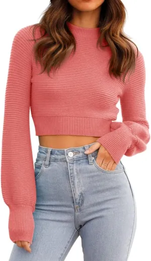 GeGekoko Womens Sexy Crew Neck Cropped Sweaters Ribbed Knit Long Sleeve Crop Tops Pullover