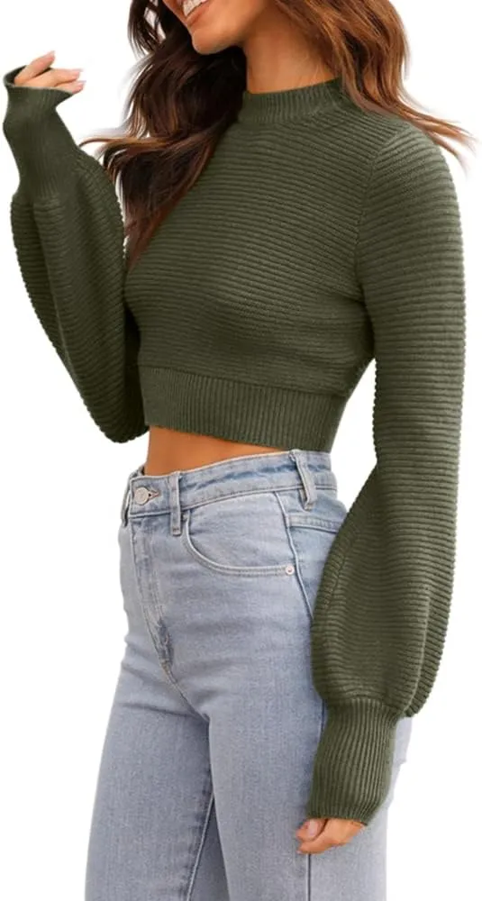 GeGekoko Womens Sexy Crew Neck Cropped Sweaters Ribbed Knit Long Sleeve Crop Tops Pullover