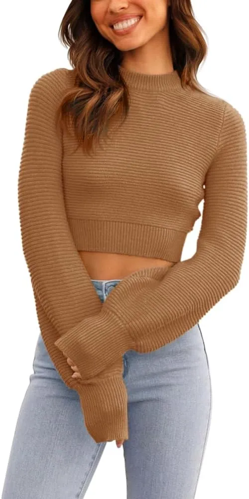 GeGekoko Womens Sexy Crew Neck Cropped Sweaters Ribbed Knit Long Sleeve Crop Tops Pullover