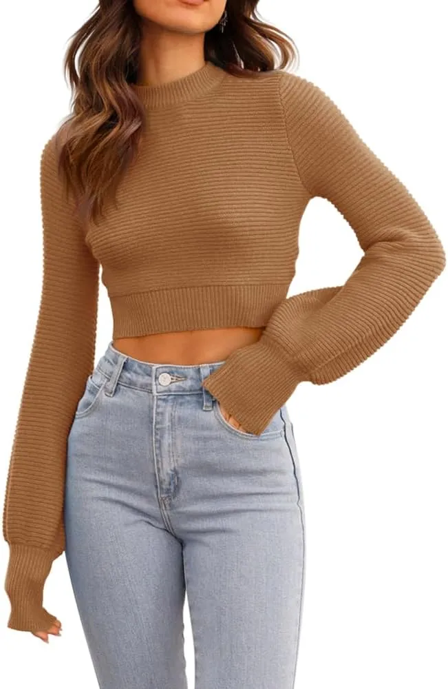 GeGekoko Womens Sexy Crew Neck Cropped Sweaters Ribbed Knit Long Sleeve Crop Tops Pullover