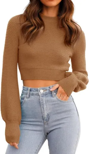 GeGekoko Womens Sexy Crew Neck Cropped Sweaters Ribbed Knit Long Sleeve Crop Tops Pullover