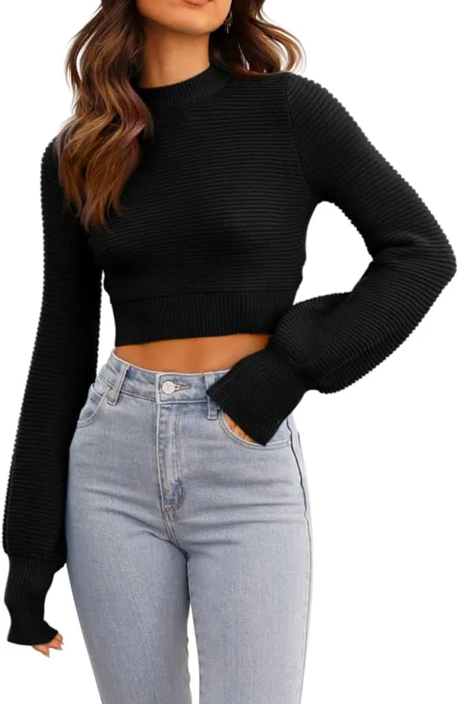 GeGekoko Womens Sexy Crew Neck Cropped Sweaters Ribbed Knit Long Sleeve Crop Tops Pullover