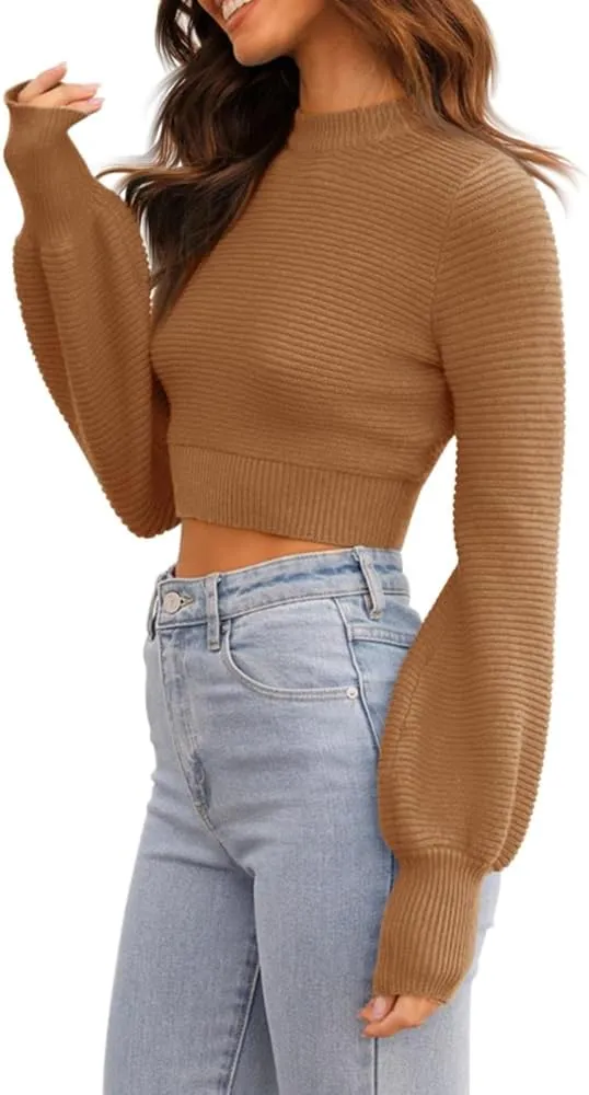 GeGekoko Womens Sexy Crew Neck Cropped Sweaters Ribbed Knit Long Sleeve Crop Tops Pullover