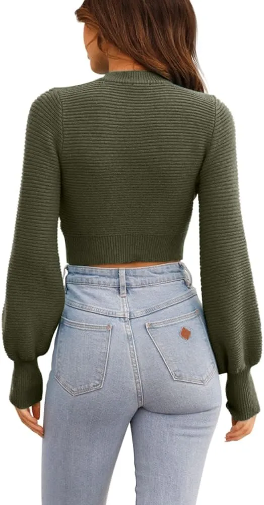 GeGekoko Womens Sexy Crew Neck Cropped Sweaters Ribbed Knit Long Sleeve Crop Tops Pullover
