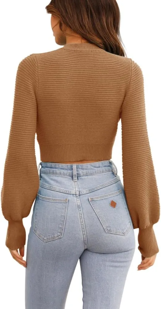 GeGekoko Womens Sexy Crew Neck Cropped Sweaters Ribbed Knit Long Sleeve Crop Tops Pullover