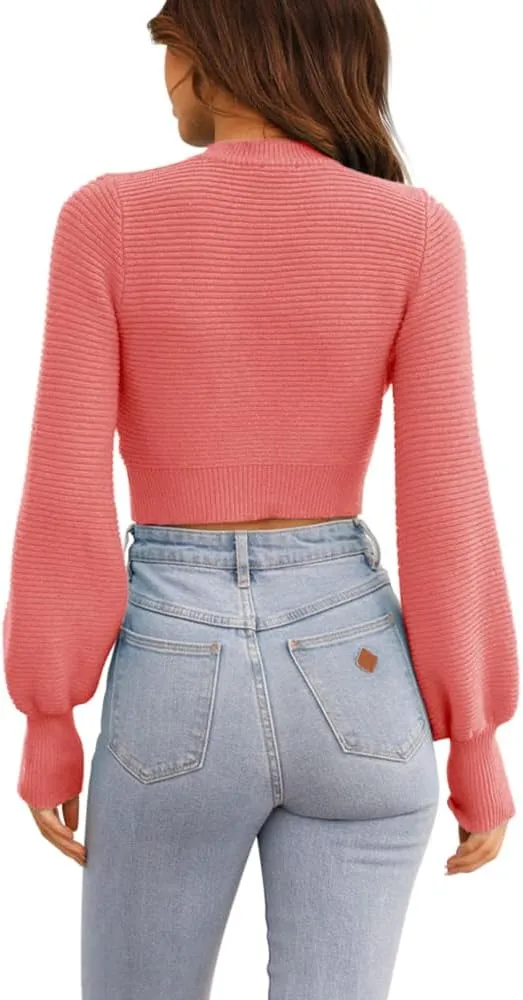 GeGekoko Womens Sexy Crew Neck Cropped Sweaters Ribbed Knit Long Sleeve Crop Tops Pullover