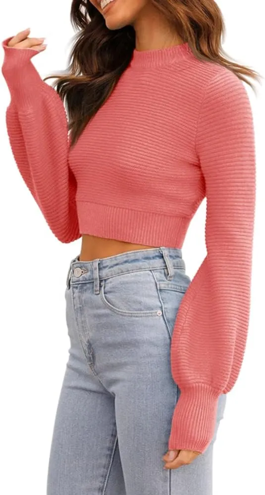 GeGekoko Womens Sexy Crew Neck Cropped Sweaters Ribbed Knit Long Sleeve Crop Tops Pullover