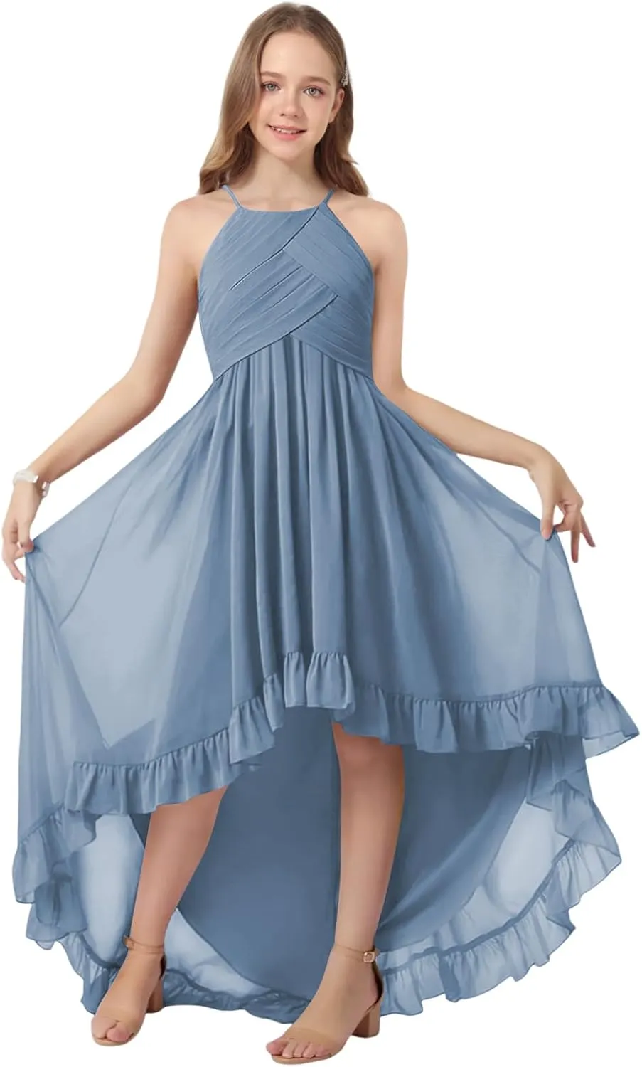 Girls Chiffon Halter Flower Girl Flowy Dresses with Ruffles Asymmetrical A Line Wedding Party Junior Bridesmaid Dress