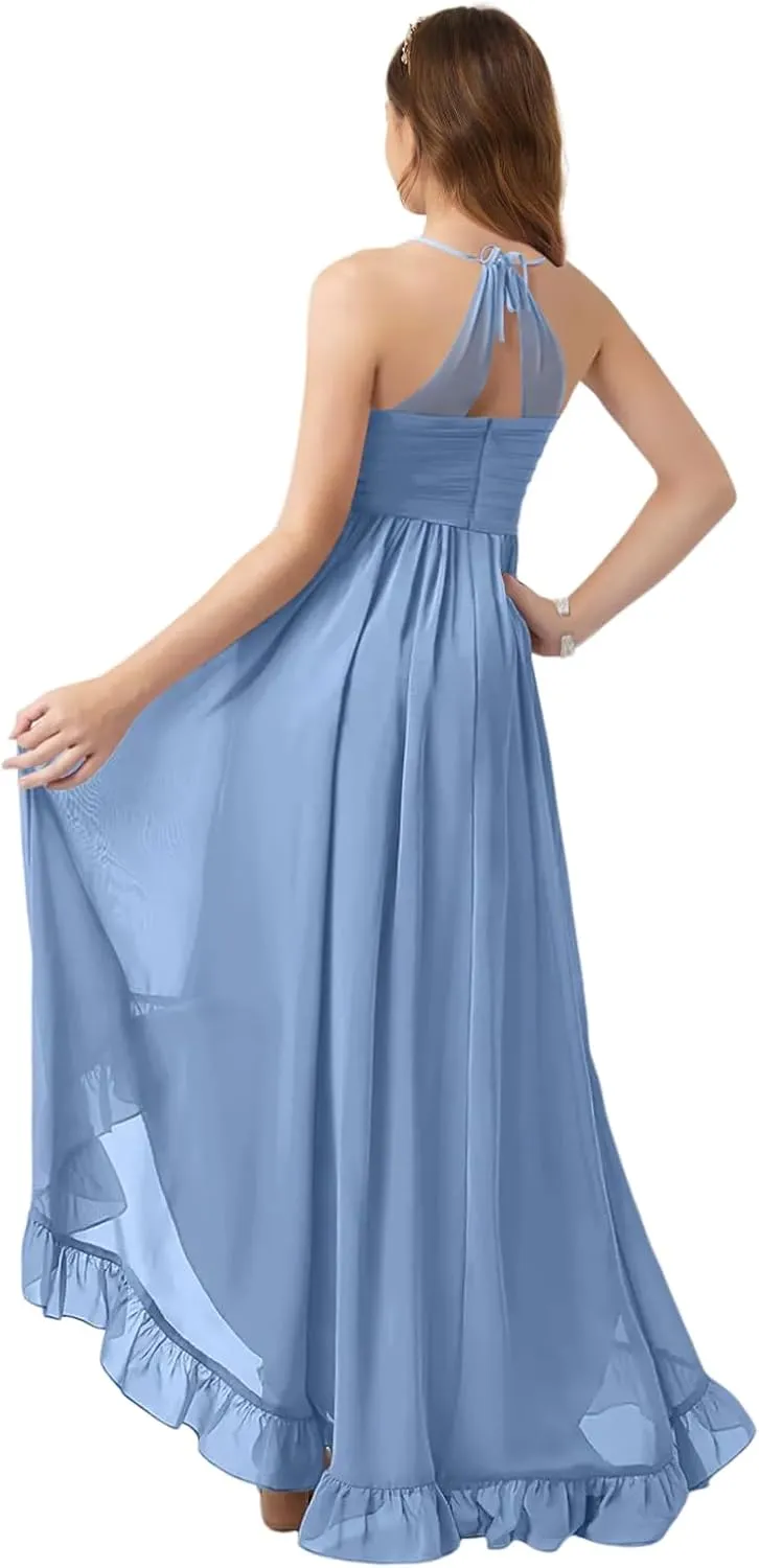 Girls Chiffon Halter Flower Girl Flowy Dresses with Ruffles Asymmetrical A Line Wedding Party Junior Bridesmaid Dress