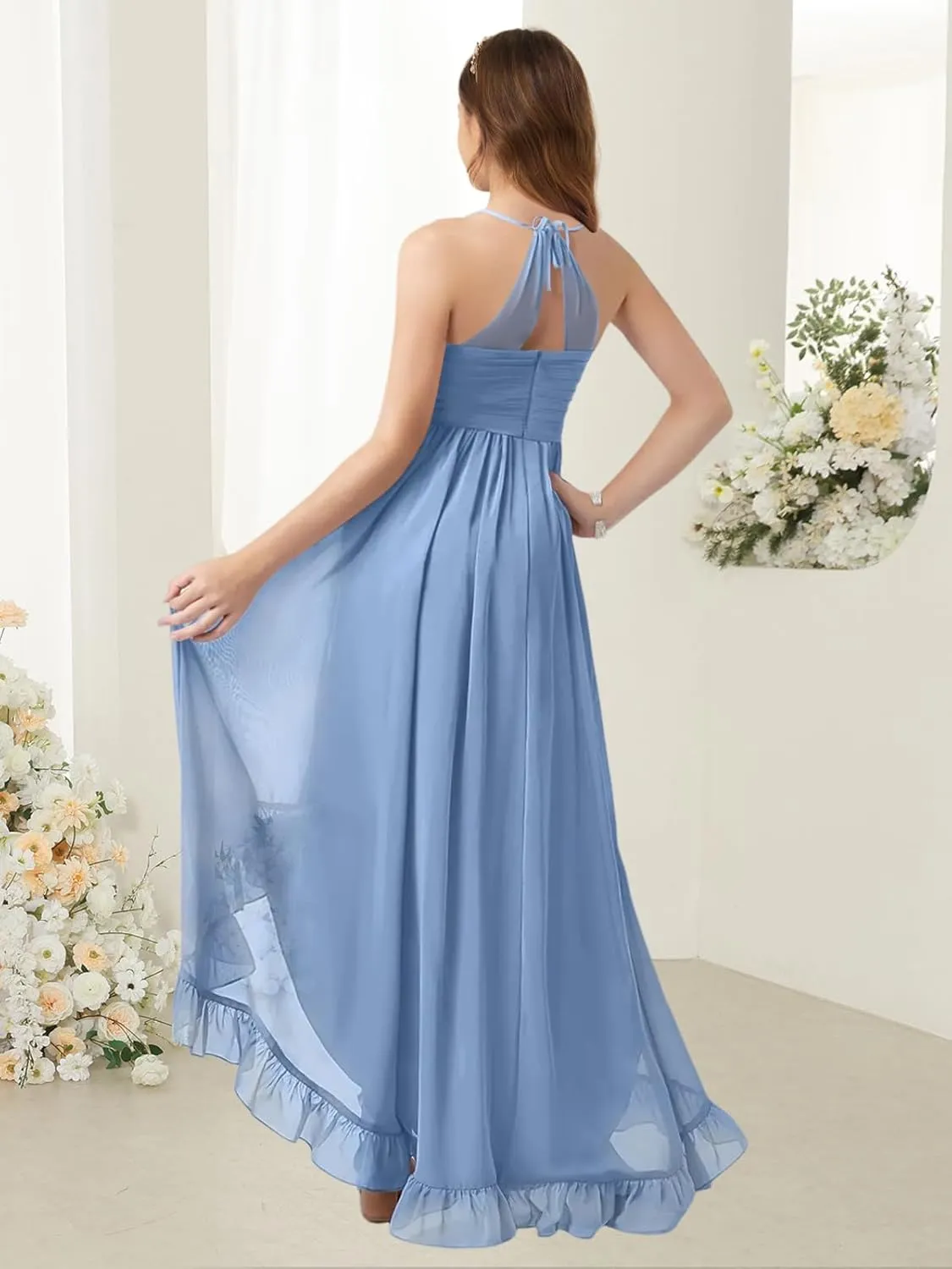 Girls Chiffon Halter Flower Girl Flowy Dresses with Ruffles Asymmetrical A Line Wedding Party Junior Bridesmaid Dress