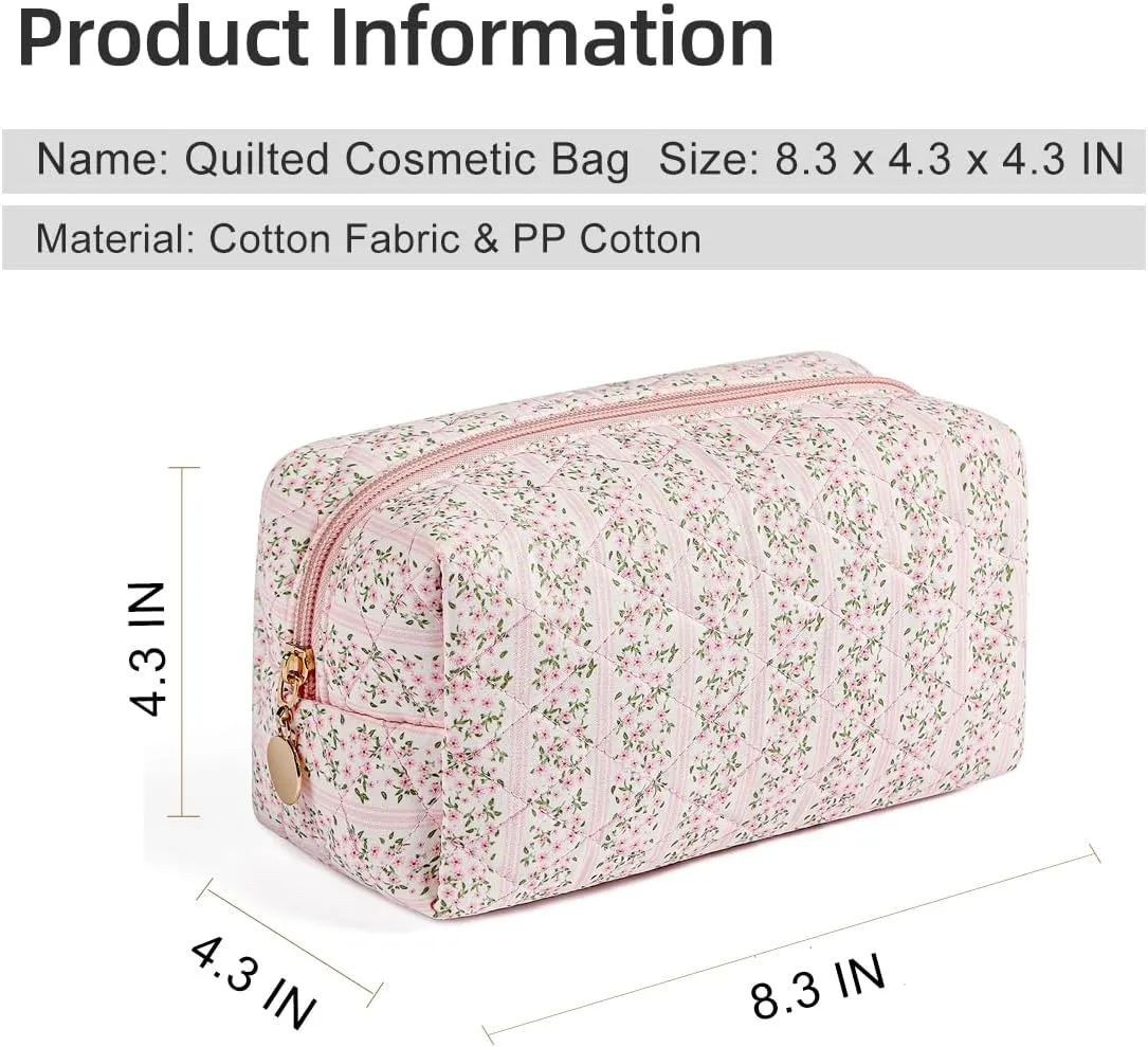 Gleyemor Small Quilted Makeup Bag for Women, Cute Floral Cotton Cosmetic Bag, Travel Toiletry Bag Period Bag Gifts for Her Mom Friend Sister Bridesmaid (Pink Floral)