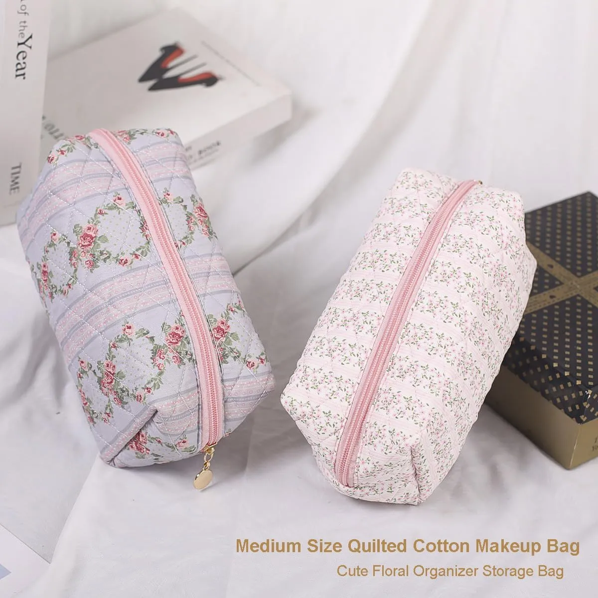 Gleyemor Small Quilted Makeup Bag for Women, Cute Floral Cotton Cosmetic Bag, Travel Toiletry Bag Period Bag Gifts for Her Mom Friend Sister Bridesmaid (Pink Floral)