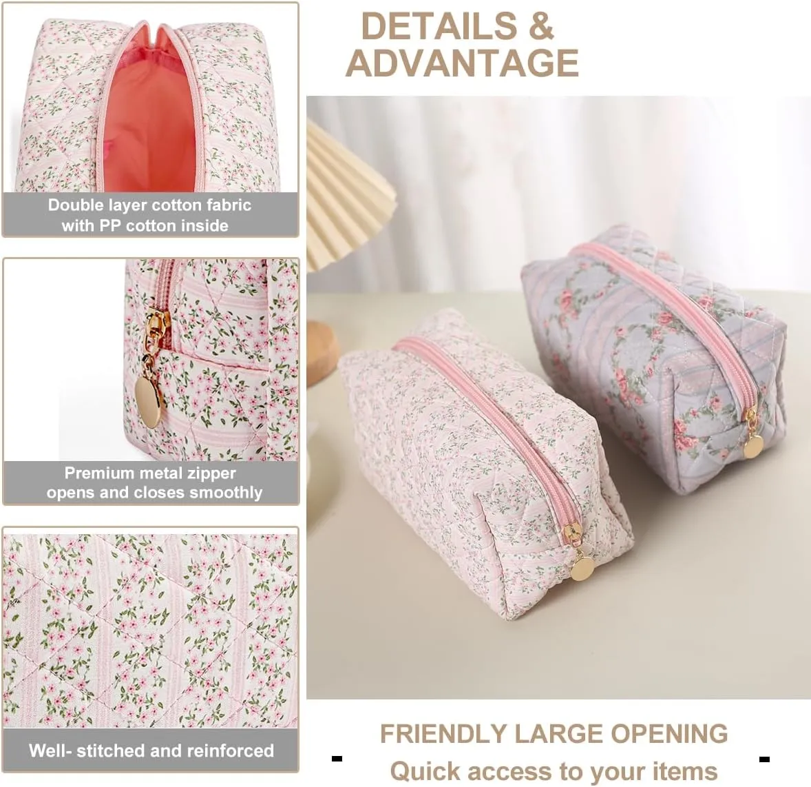 Gleyemor Small Quilted Makeup Bag for Women, Cute Floral Cotton Cosmetic Bag, Travel Toiletry Bag Period Bag Gifts for Her Mom Friend Sister Bridesmaid (Pink Floral)