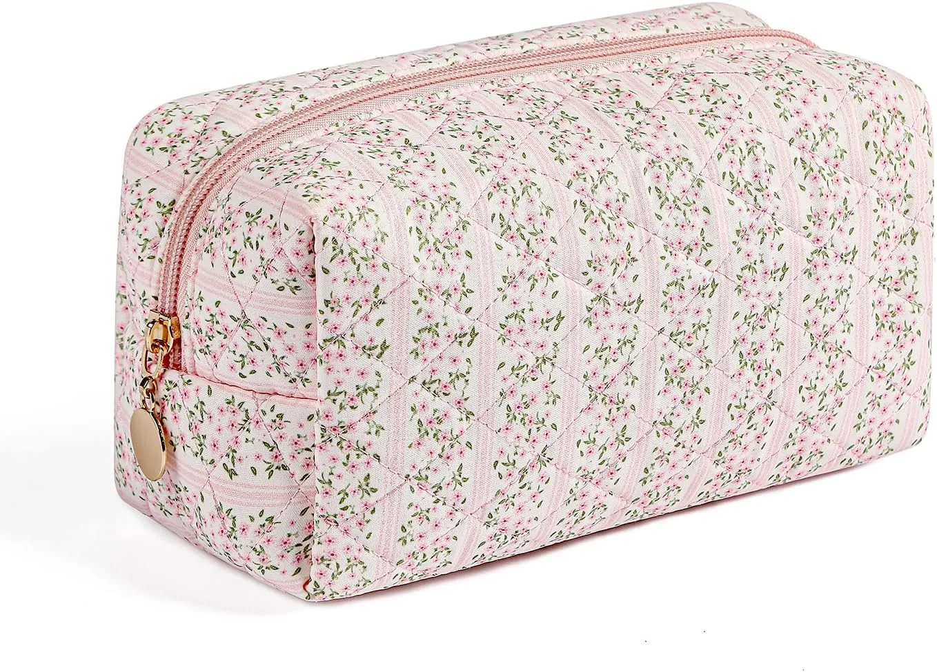 Gleyemor Small Quilted Makeup Bag for Women, Cute Floral Cotton Cosmetic Bag, Travel Toiletry Bag Period Bag Gifts for Her Mom Friend Sister Bridesmaid (Pink Floral)