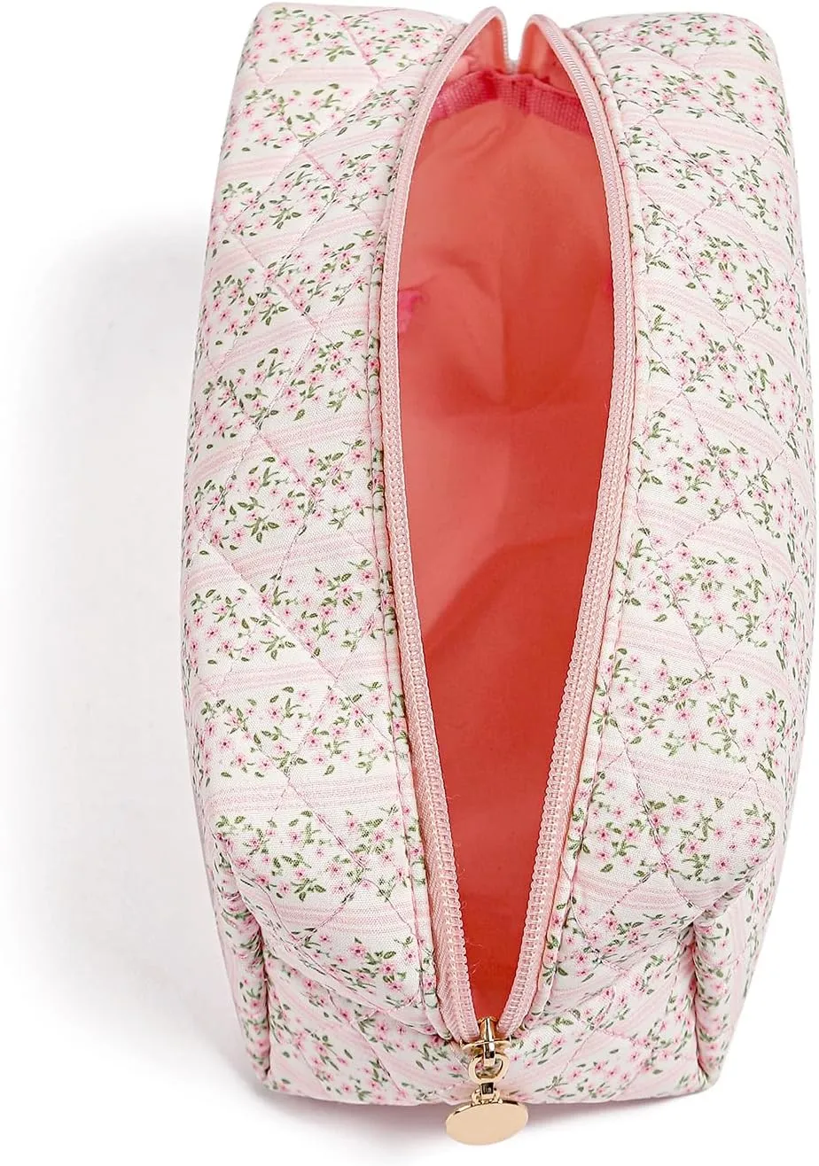 Gleyemor Small Quilted Makeup Bag for Women, Cute Floral Cotton Cosmetic Bag, Travel Toiletry Bag Period Bag Gifts for Her Mom Friend Sister Bridesmaid (Pink Floral)