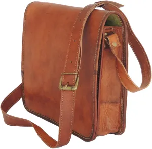 Goat Leather Crossbody Vintage Style iPad/Tablet Vintage Messenger Shoulder Bag 11 Inch Small Travelling Bag for Women & Men, Brown