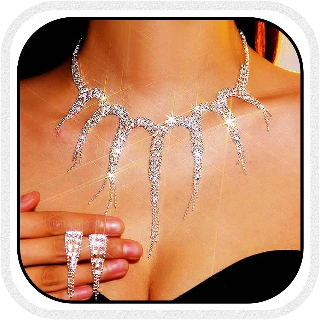GORAIS Prom Jewelry Set Necklace and Earrings Set Rhinestone Bridal Wedding Jewelry for Women