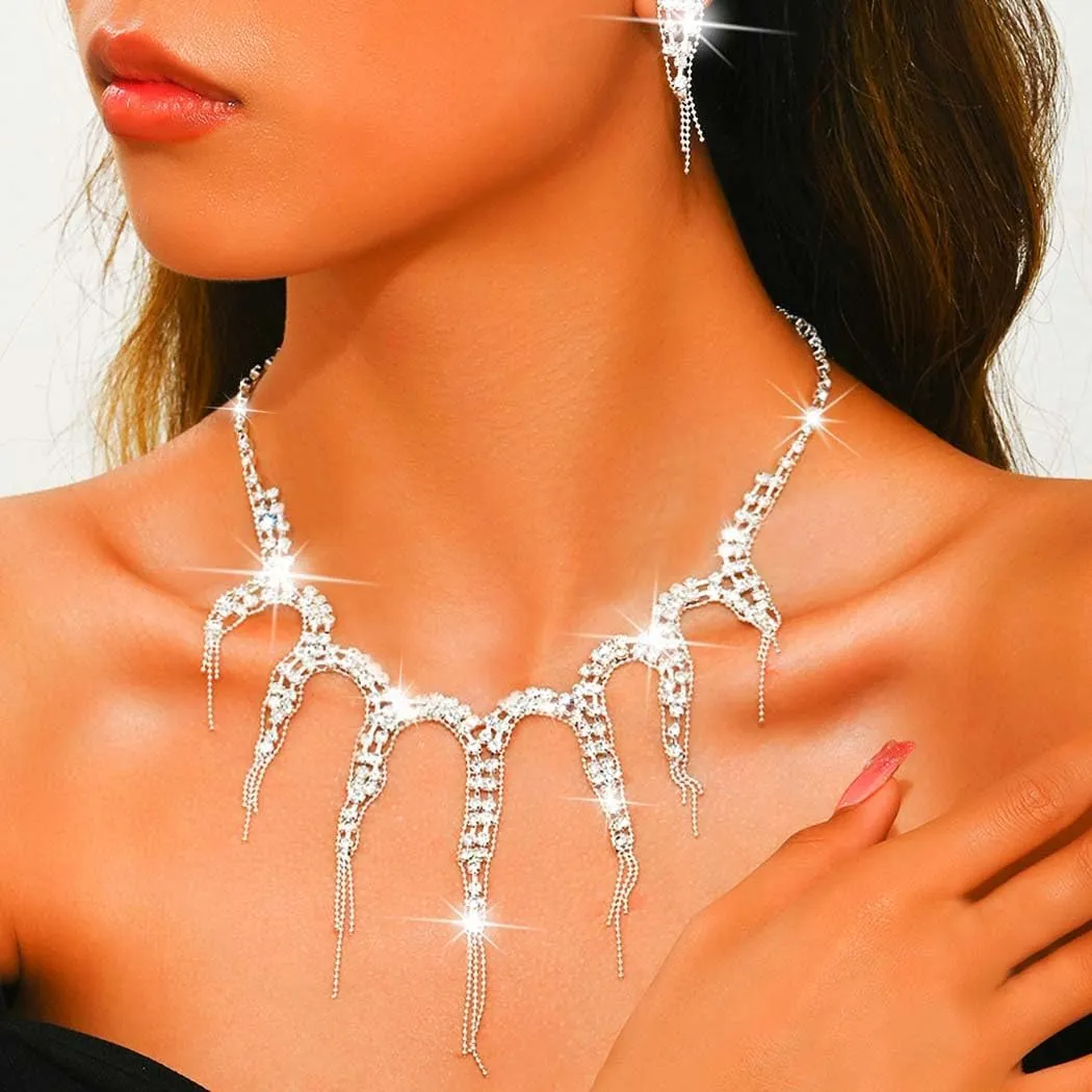 GORAIS Prom Jewelry Set Necklace and Earrings Set Rhinestone Bridal Wedding Jewelry for Women