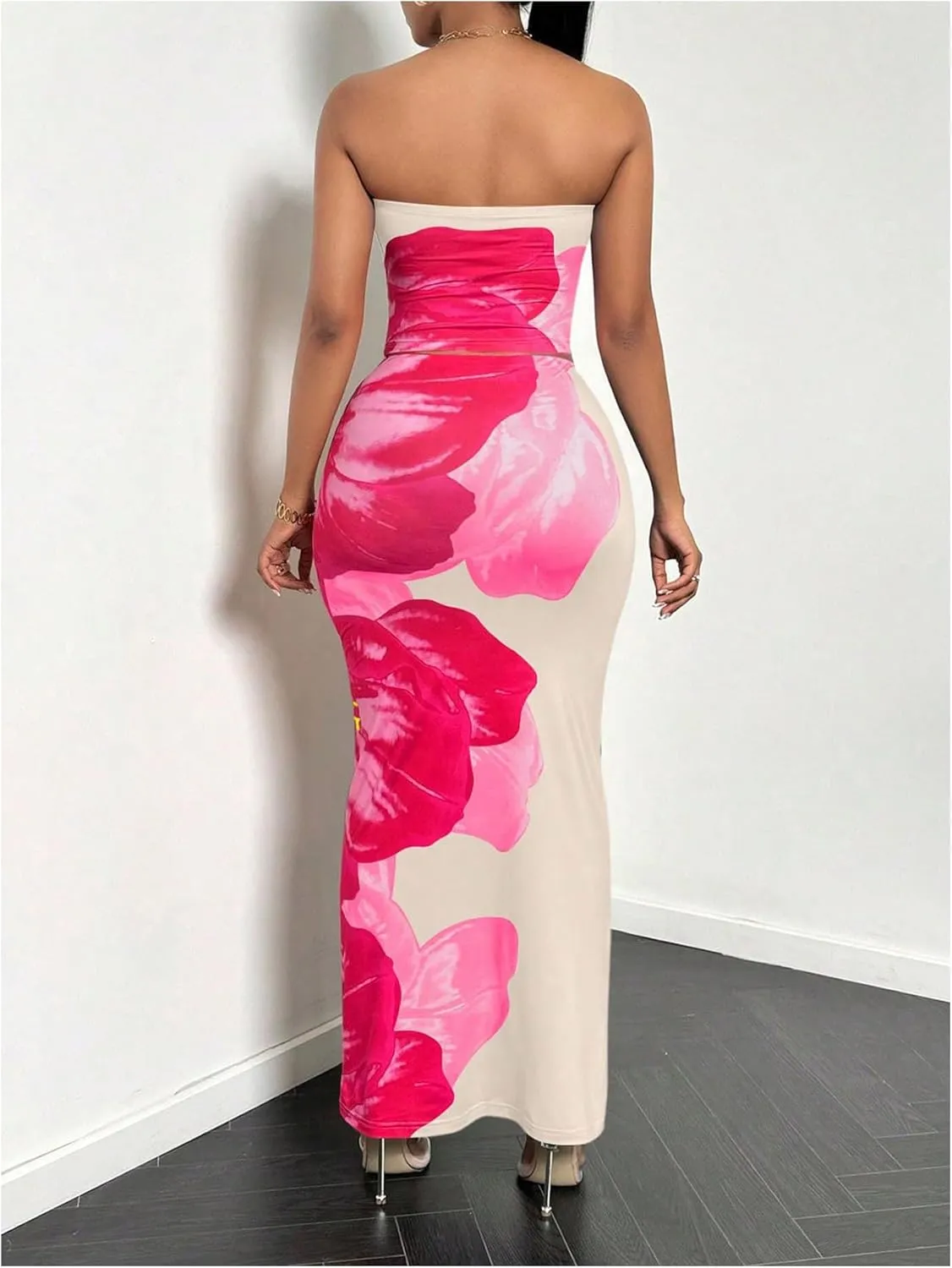 GORGLITTER Women's 2 Piece Floral Skirt Set Strapless Crop Tube Top and Bodycon Maxi Skirt Sets Outfits