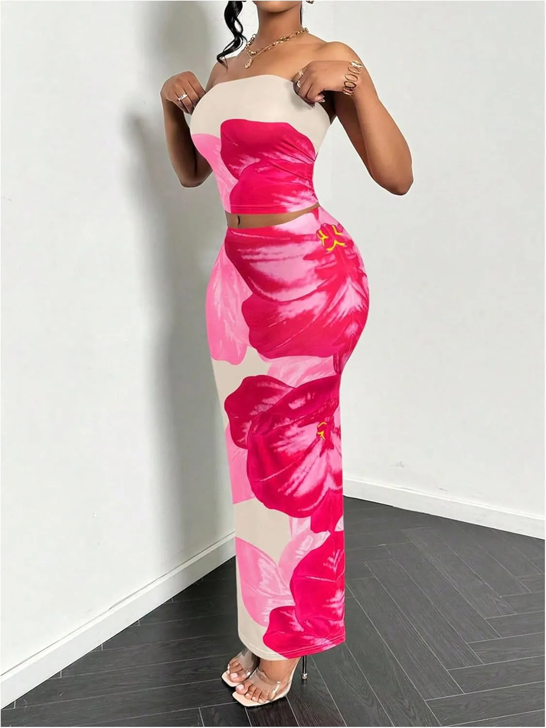 GORGLITTER Women's 2 Piece Floral Skirt Set Strapless Crop Tube Top and Bodycon Maxi Skirt Sets Outfits