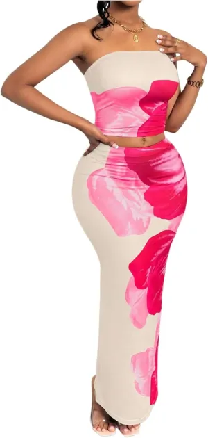 GORGLITTER Women's 2 Piece Floral Skirt Set Strapless Crop Tube Top and Bodycon Maxi Skirt Sets Outfits