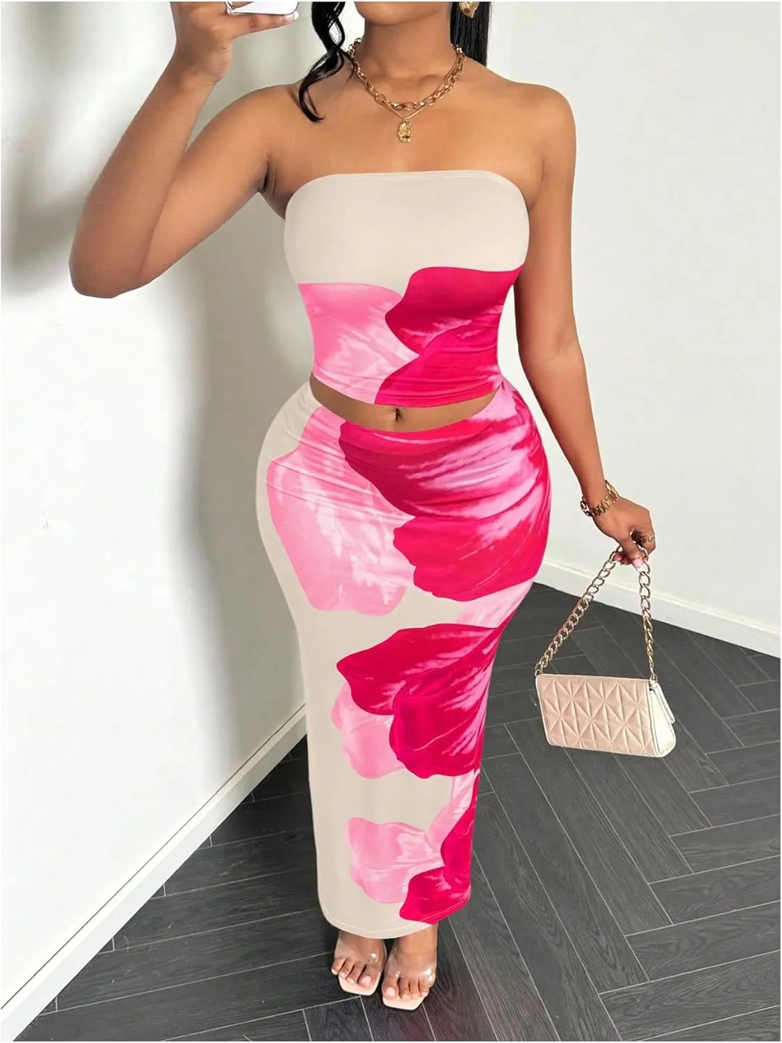 GORGLITTER Women's 2 Piece Floral Skirt Set Strapless Crop Tube Top and Bodycon Maxi Skirt Sets Outfits