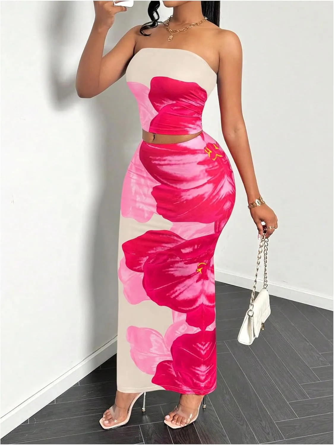GORGLITTER Women's 2 Piece Floral Skirt Set Strapless Crop Tube Top and Bodycon Maxi Skirt Sets Outfits