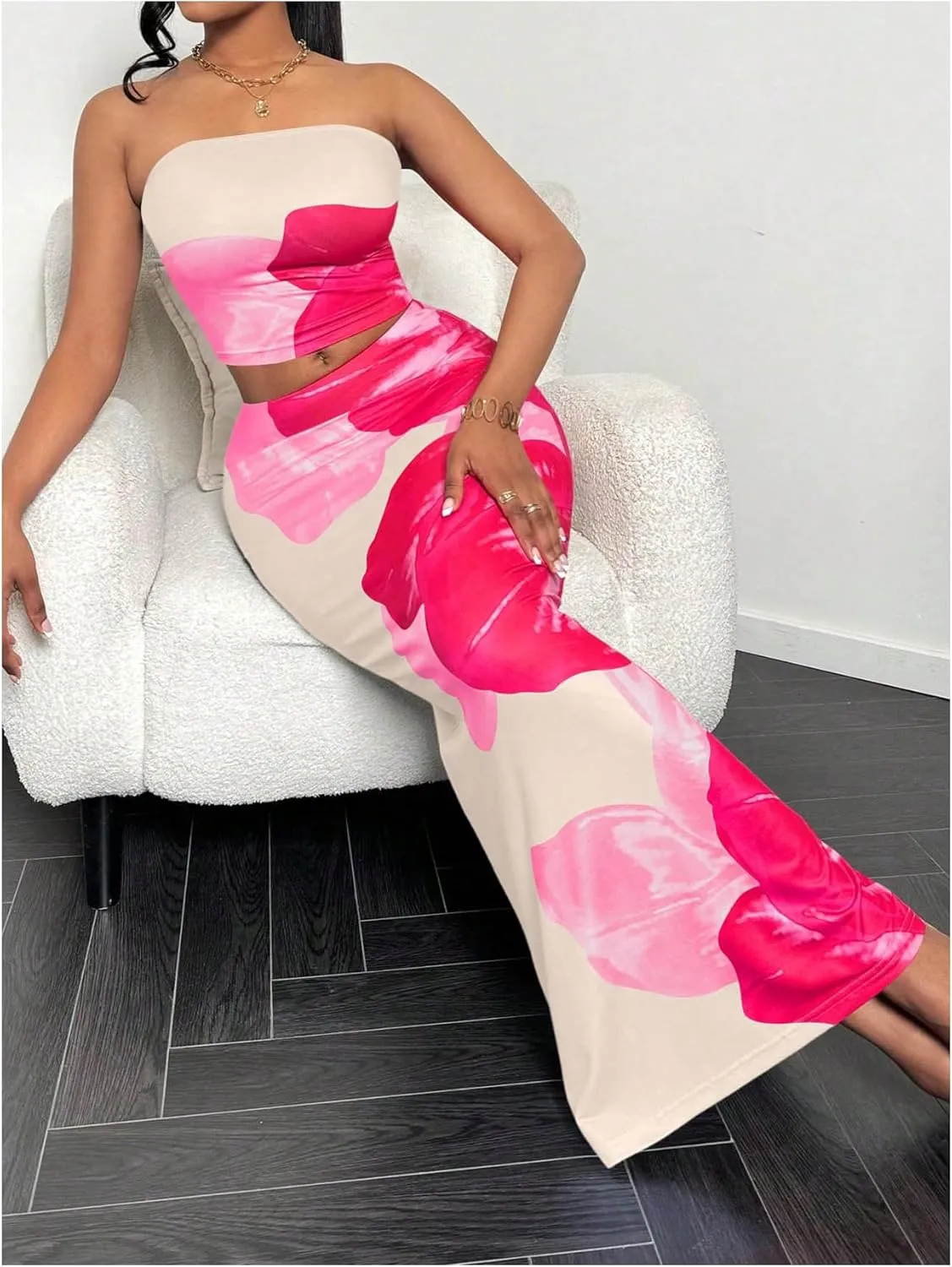 GORGLITTER Women's 2 Piece Floral Skirt Set Strapless Crop Tube Top and Bodycon Maxi Skirt Sets Outfits