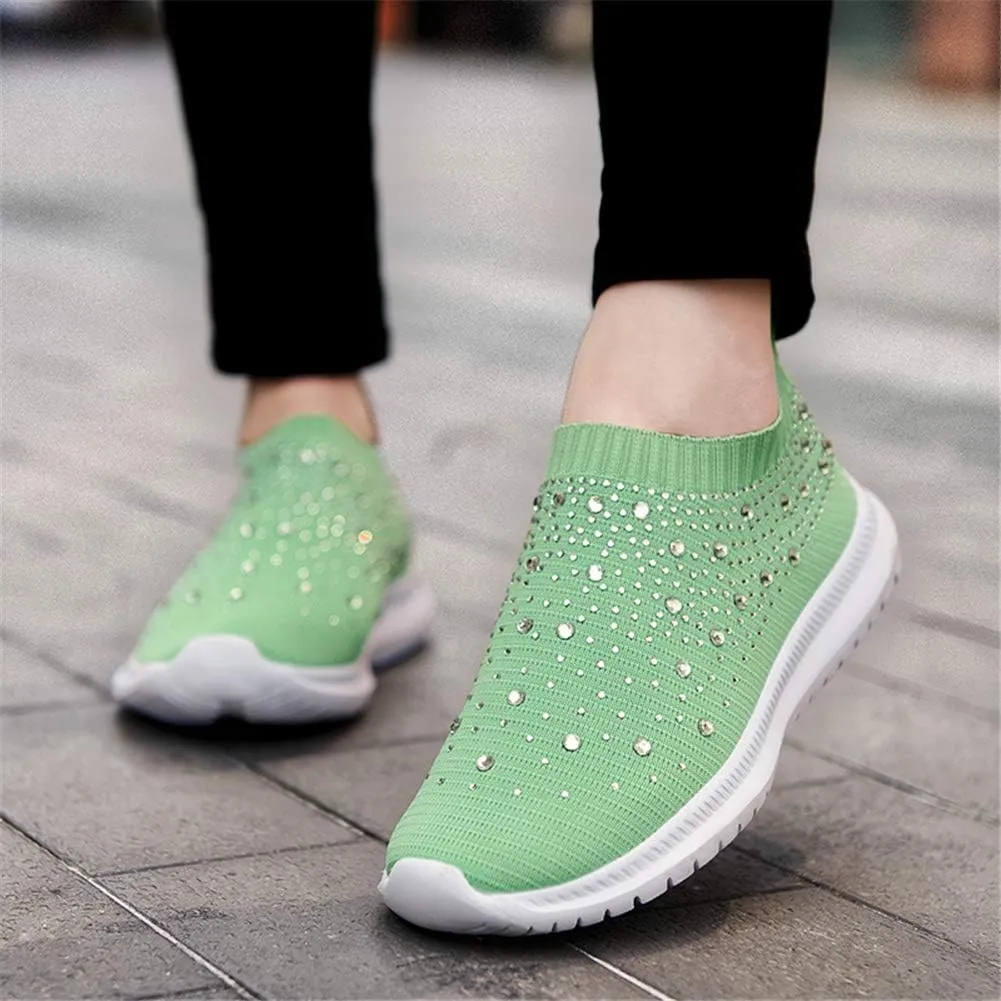 GOSPT Women's Mesh Walking Shoes Rhinestone Glitter Slip On Ballroom Jazz Latin Dance Sock Sneakers