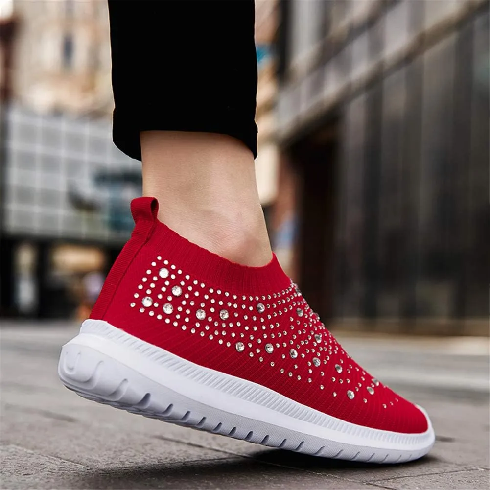 GOSPT Women's Mesh Walking Shoes Rhinestone Glitter Slip On Ballroom Jazz Latin Dance Sock Sneakers