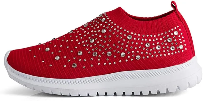 GOSPT Women's Mesh Walking Shoes Rhinestone Glitter Slip On Ballroom Jazz Latin Dance Sock Sneakers