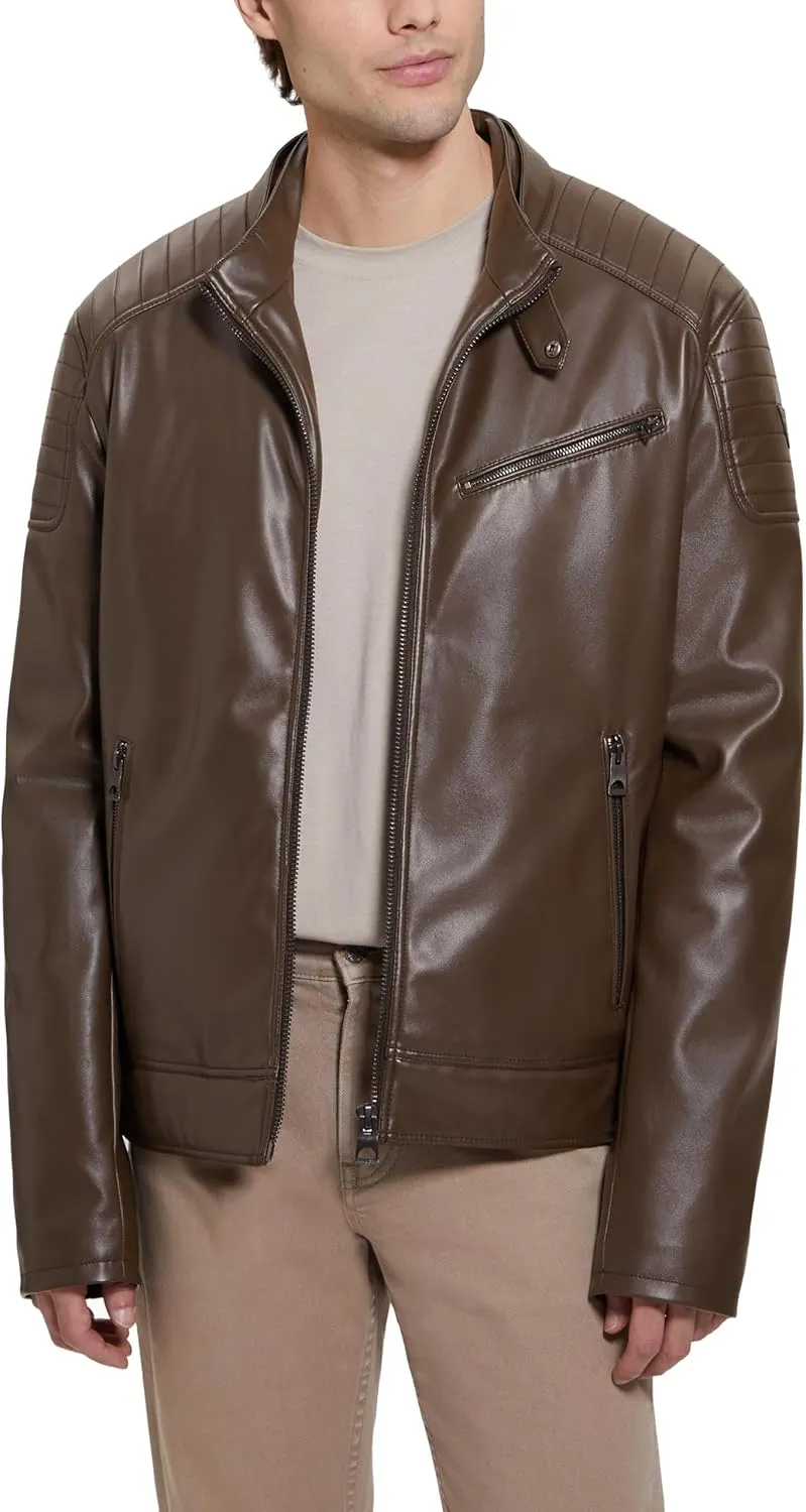 GUESS Men's Alexander Hooded Faux Leather Jacket