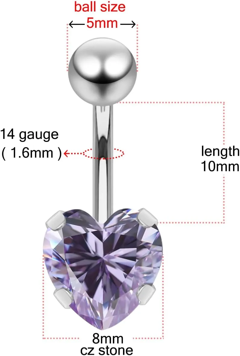 Heart Cz Stone 14 Gauge Stainless Steel Belly Ring - Belly Button jewelry - Navel jewelry