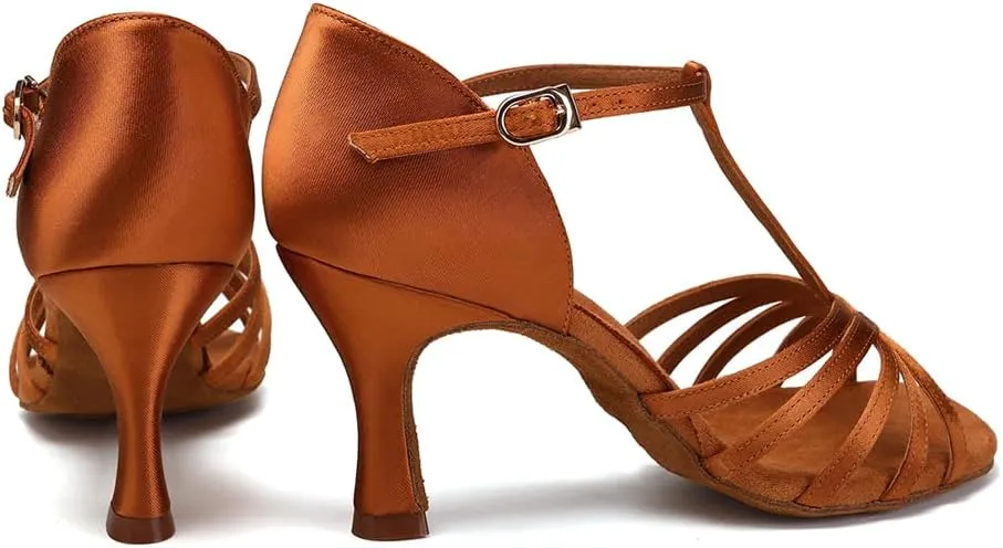HIPPOSEUS Women's T Strap Latin Ballroom Dance Shoes Open Toe Tango Salsa Practice Dancing Shoes Suede Sole