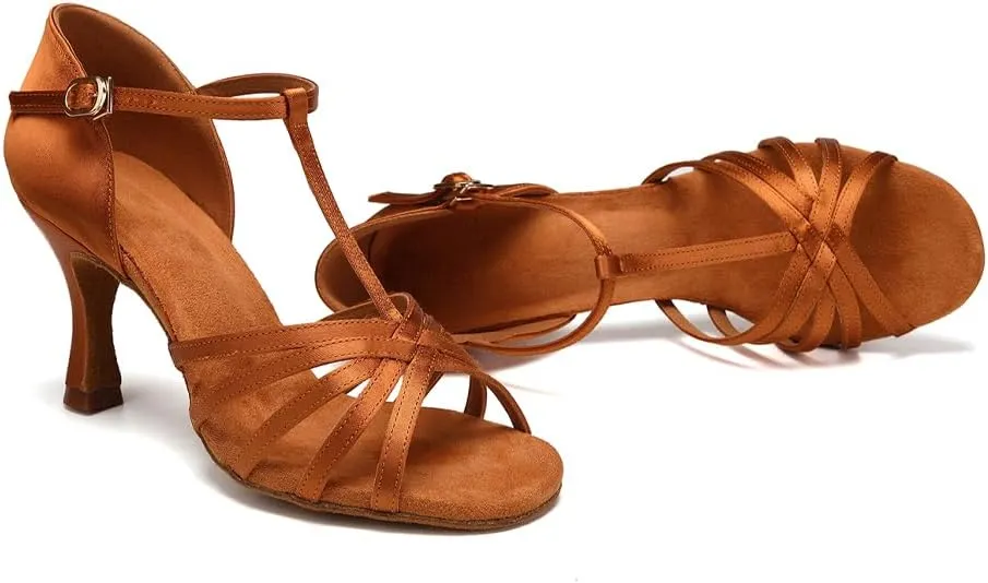 HIPPOSEUS Women's T Strap Latin Ballroom Dance Shoes Open Toe Tango Salsa Practice Dancing Shoes Suede Sole