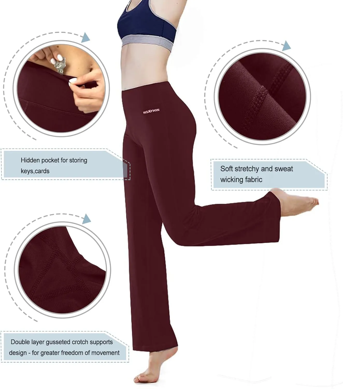 HISKYWIN Inner Pocket Yoga Pants 4 Way Stretch Tummy Control Workout Running Pants, Long Bootleg Flare Pants