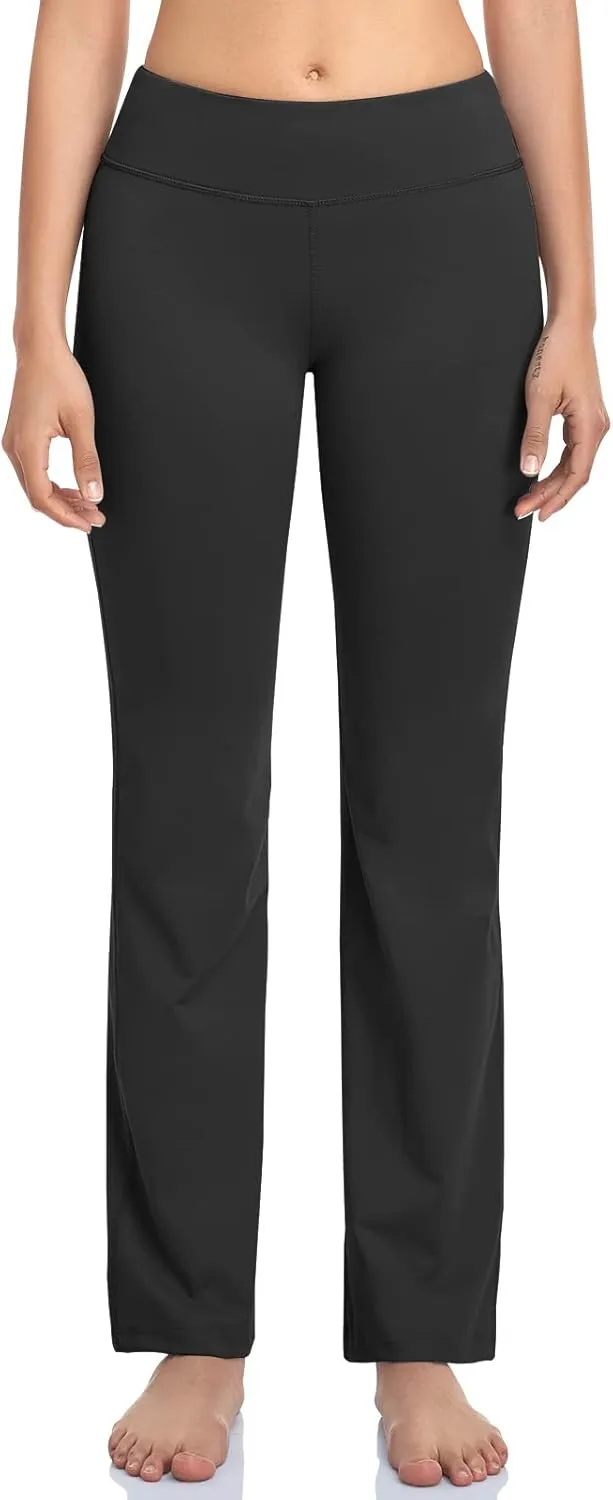 HISKYWIN Inner Pocket Yoga Pants 4 Way Stretch Tummy Control Workout Running Pants, Long Bootleg Flare Pants