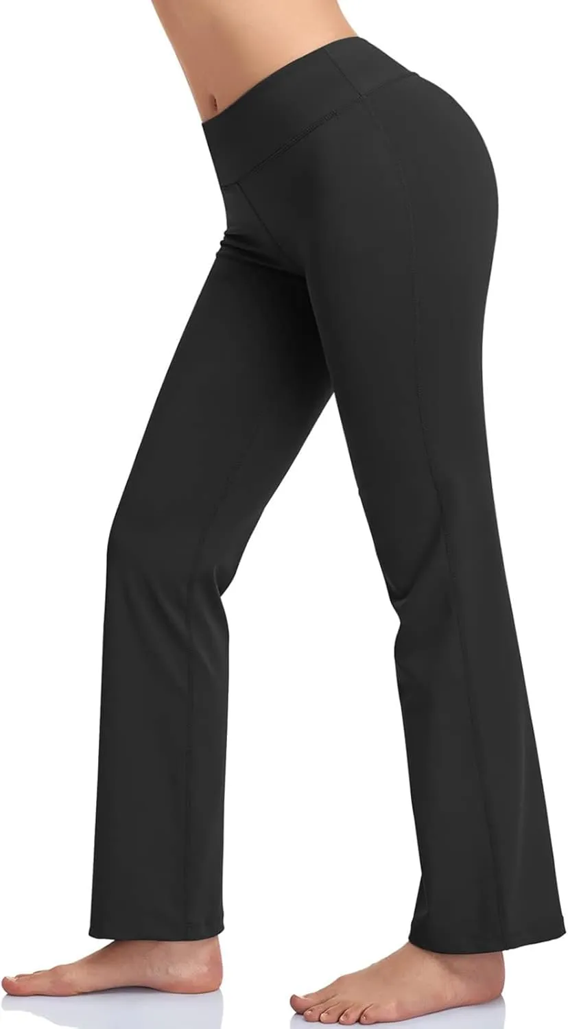 HISKYWIN Inner Pocket Yoga Pants 4 Way Stretch Tummy Control Workout Running Pants, Long Bootleg Flare Pants
