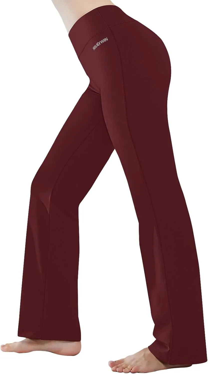 HISKYWIN Inner Pocket Yoga Pants 4 Way Stretch Tummy Control Workout Running Pants, Long Bootleg Flare Pants