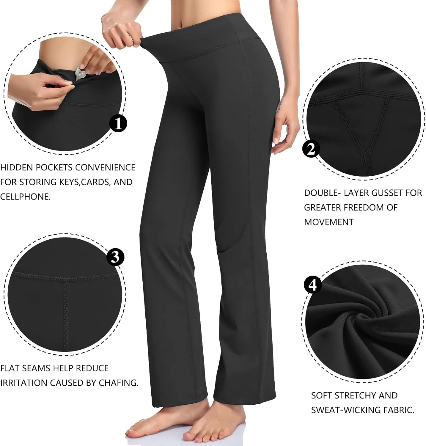 HISKYWIN Inner Pocket Yoga Pants 4 Way Stretch Tummy Control Workout Running Pants, Long Bootleg Flare Pants