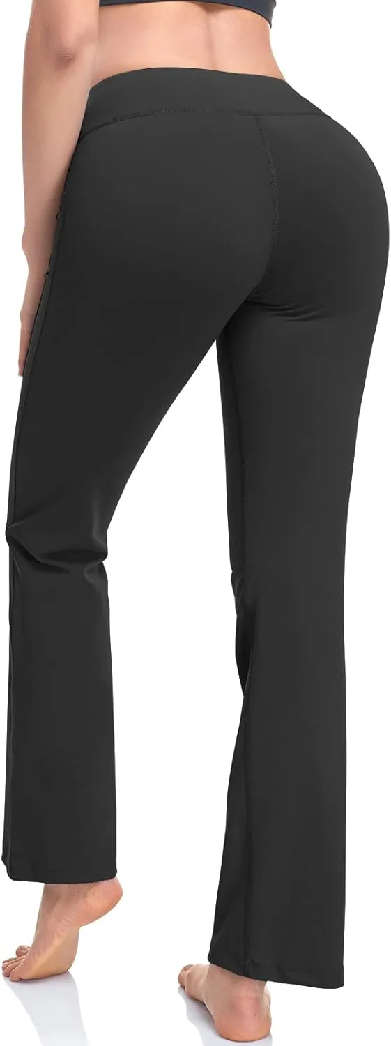 HISKYWIN Inner Pocket Yoga Pants 4 Way Stretch Tummy Control Workout Running Pants, Long Bootleg Flare Pants