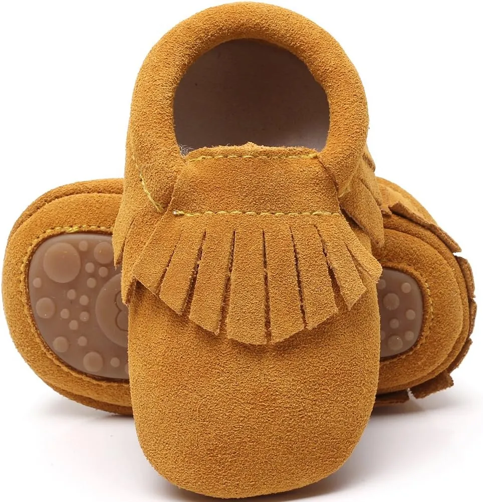 HONGTEYA Leather Baby Moccasins Hard Soled Tassel Crib Toddler Shoes for Boys and Girls??