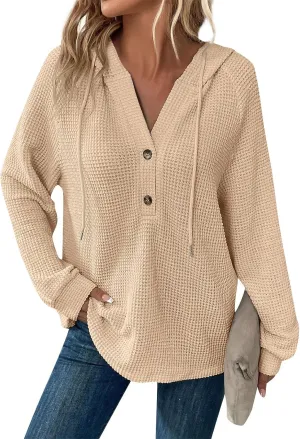 Hoodies for Women Waffle Knit Long Sleeve Hooded Tops Drawstring Button V Neck Shirts Relaxed Fit Pullover Sweatshirt